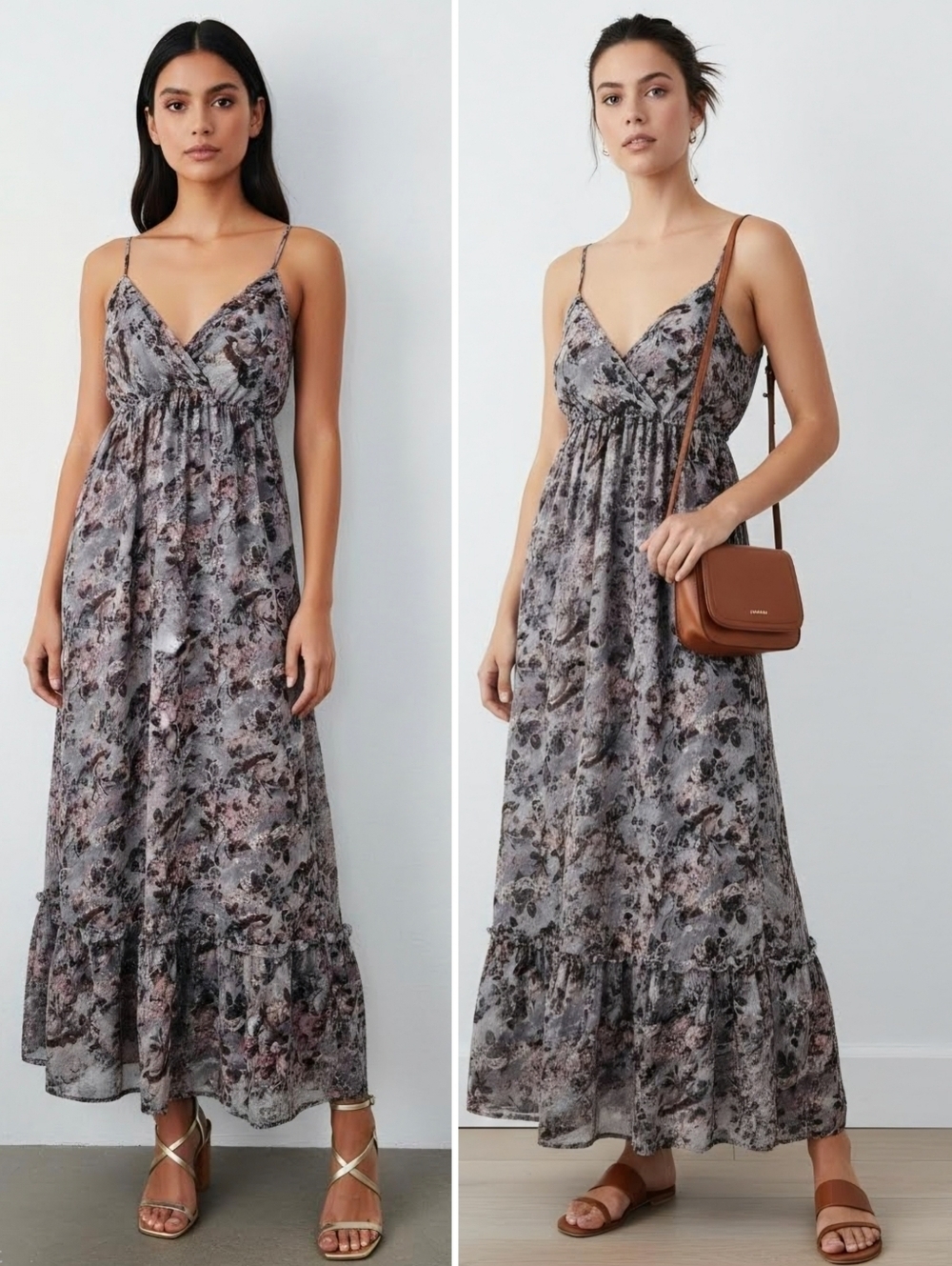 Blu Pepper Floral Romantic Slip Spaghetti Strap Ruffle Hem Maxi Dress